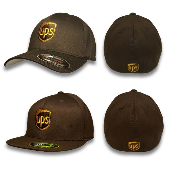 Picture of UPS Flexfit Brown Baseball Cap Hat. Embroidered Front & Back Fitted