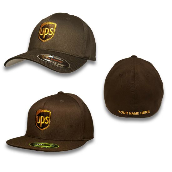 Picture of UPS Embroidered Front & Back Fitted Flexfit Brown Baseball Cap Hat PERSONALIZED NAME