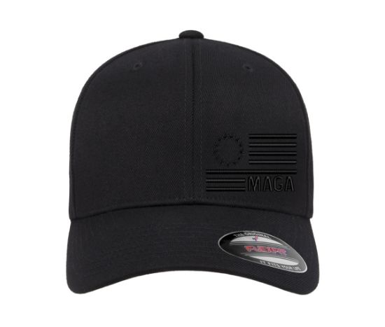 Picture of Trump MAGA Flag Side Black Thread Embroidered Patriotic Black Flexfit Hat